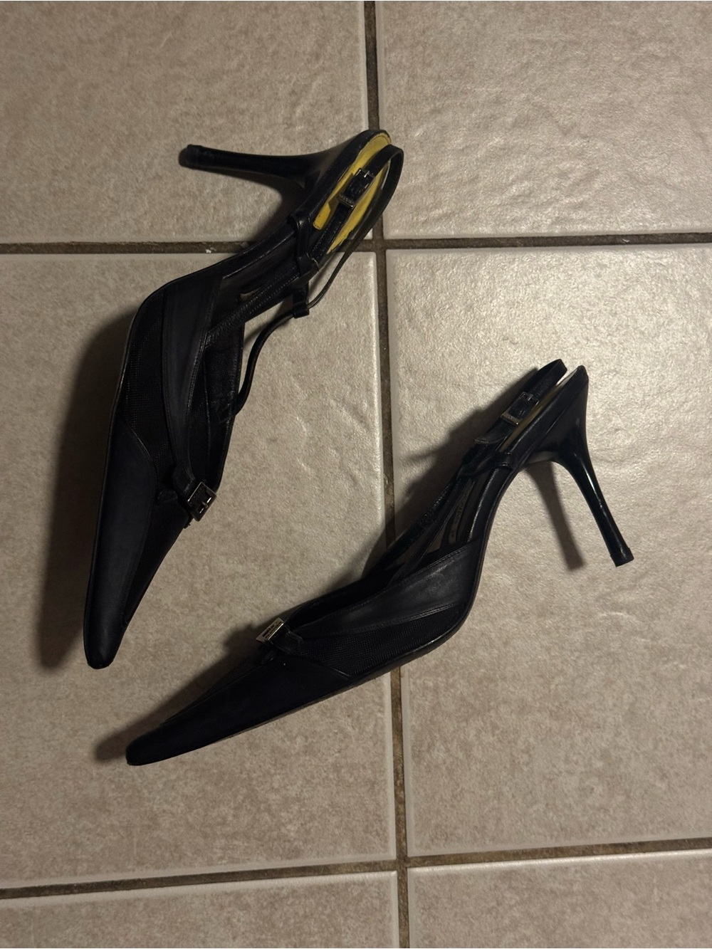 Vintage Black Pointed Slingback Heels with Buckle and Mesh Detail - Picture 8 of 8